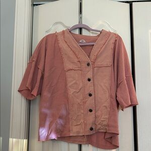 POL Dusty Pink Frayed Button-Up Shirt